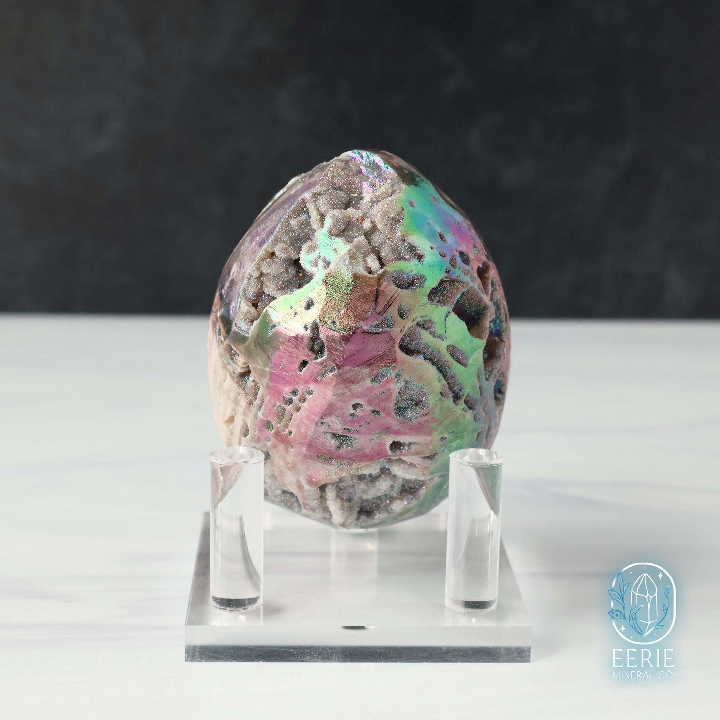 Hand Carved Rainbow Aura Druzy Sphalerite Egg