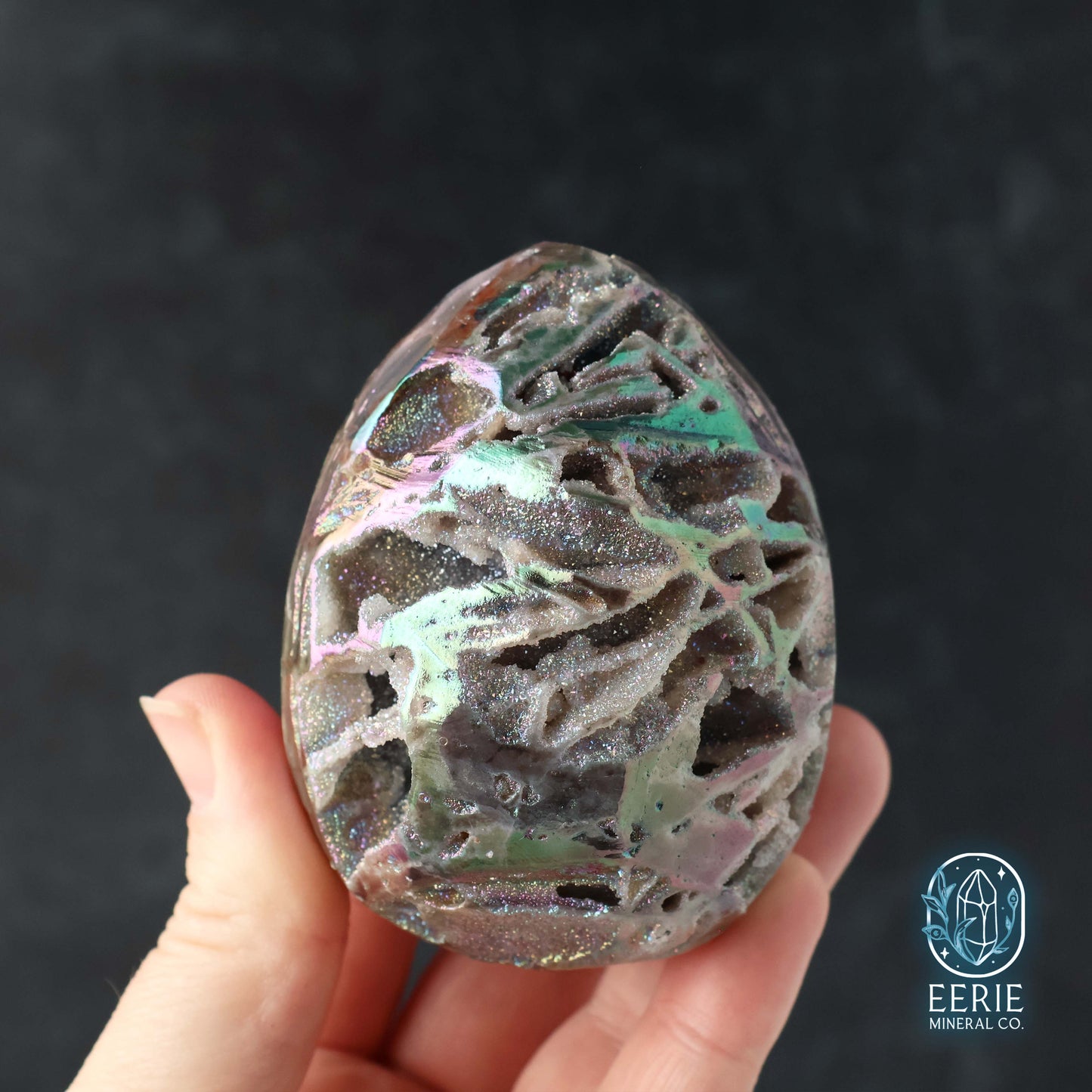 Hand Carved Rainbow Aura Druzy Sphalerite Egg