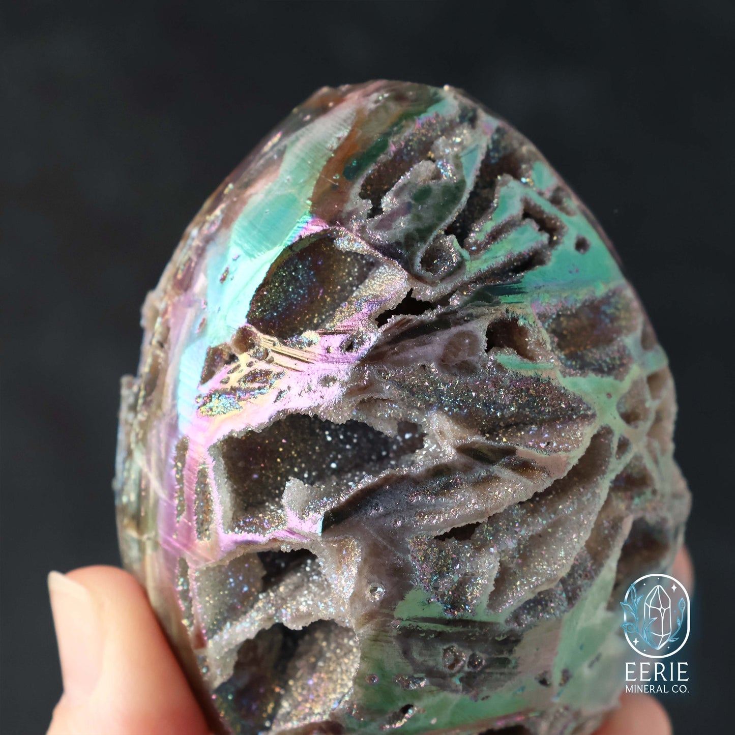 Hand Carved Rainbow Aura Druzy Sphalerite Egg