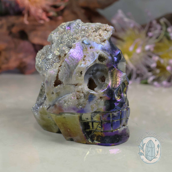 Rainbow Aura Sphalerite with Druzy Quartz Skull