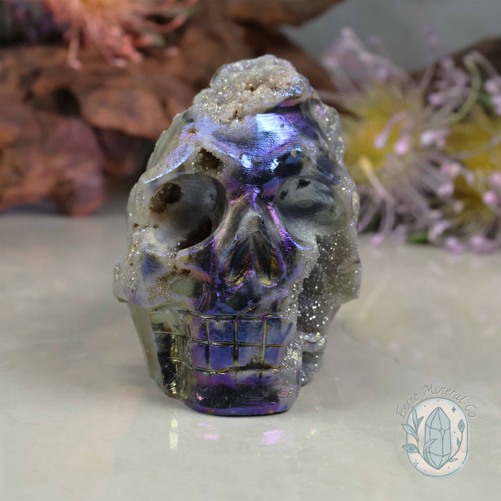 Rainbow Aura Sphalerite with Druzy Quartz Skull