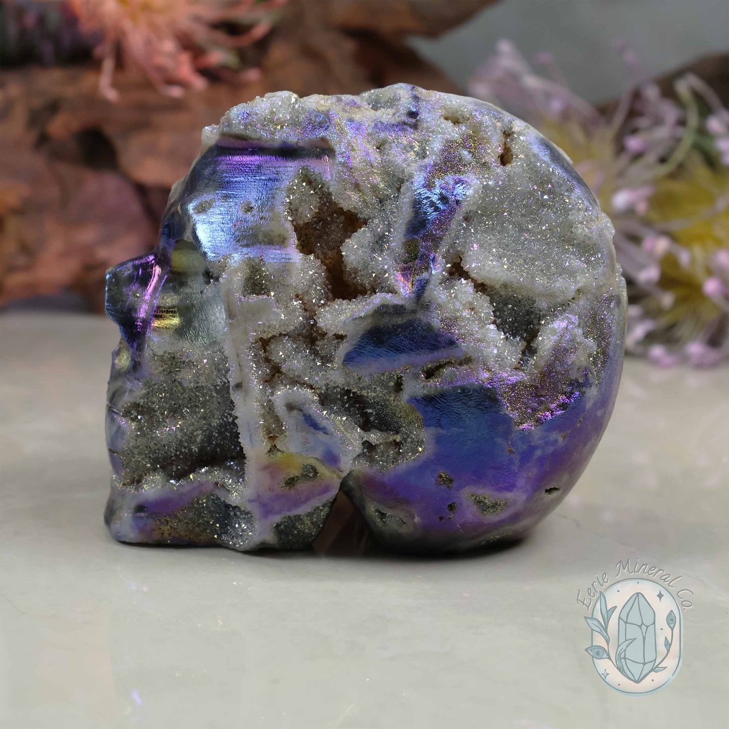 Rainbow Aura Sphalerite with Druzy Quartz Skull