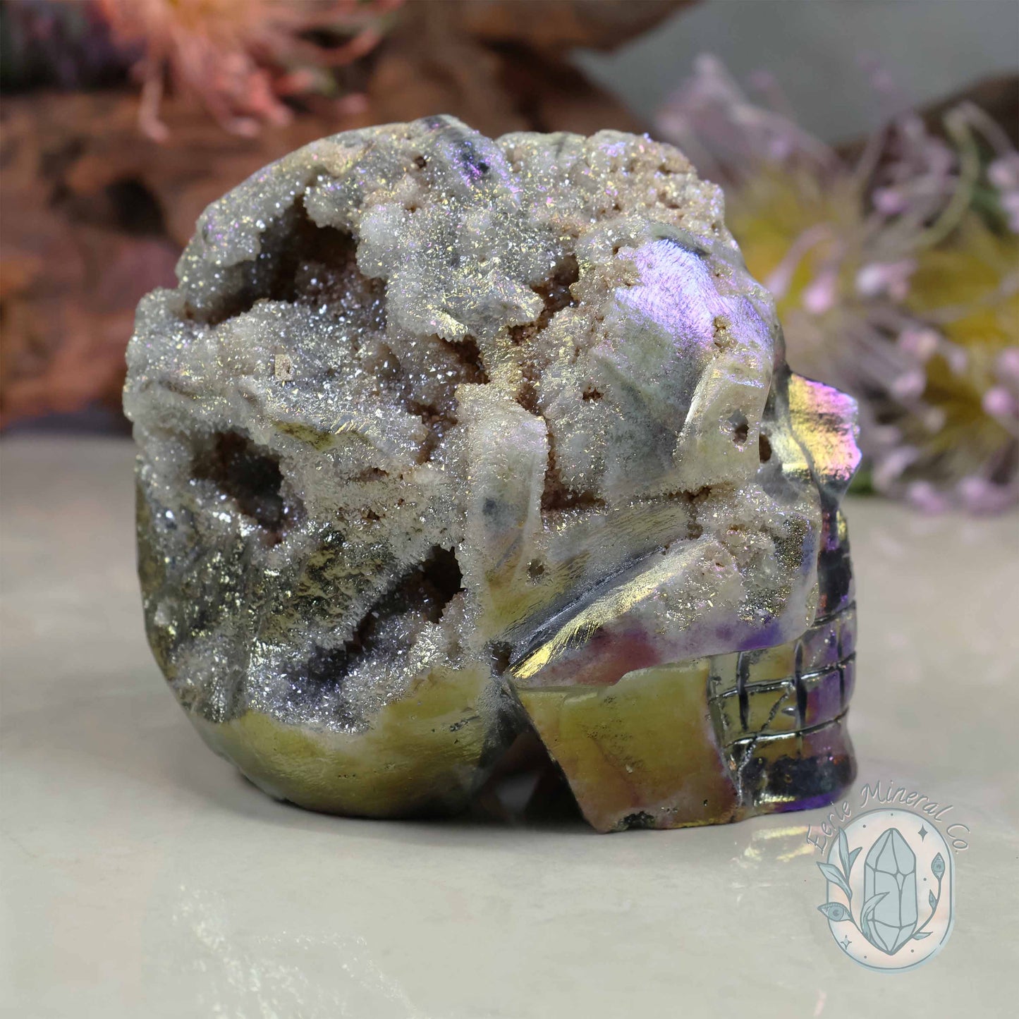 Rainbow Aura Sphalerite with Druzy Quartz Skull