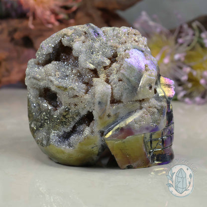 Rainbow Aura Sphalerite with Druzy Quartz Skull