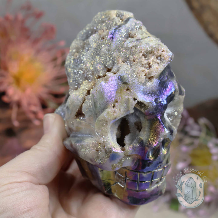 Rainbow Aura Sphalerite with Druzy Quartz Skull