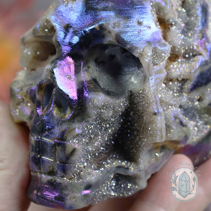 Rainbow Aura Sphalerite with Druzy Quartz Skull