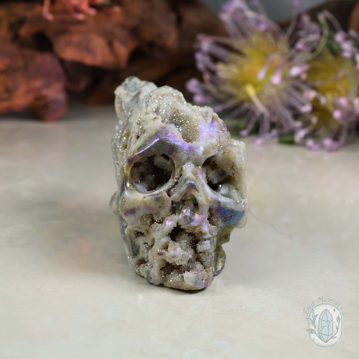 Rainbow Aura Sphalerite Skull With Druzy Quartz