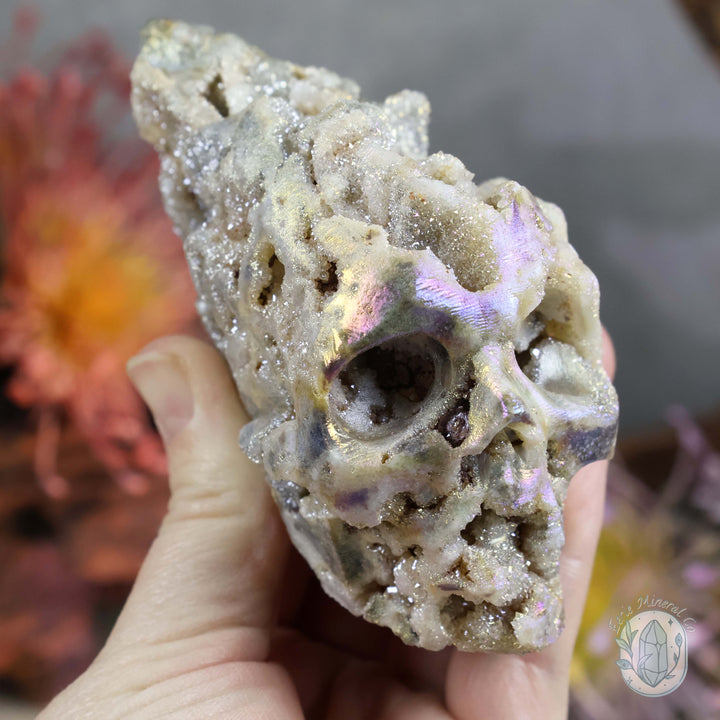 Rainbow Aura Sphalerite Skull With Druzy Quartz