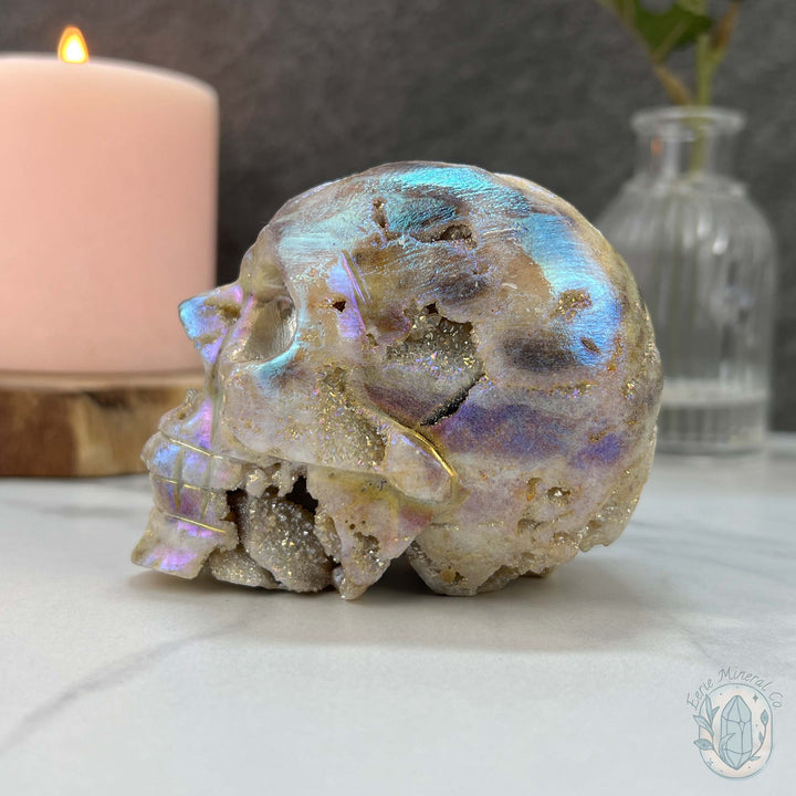 Rainbow Aura Sphalerite with Druzy Quartz Skull Carving