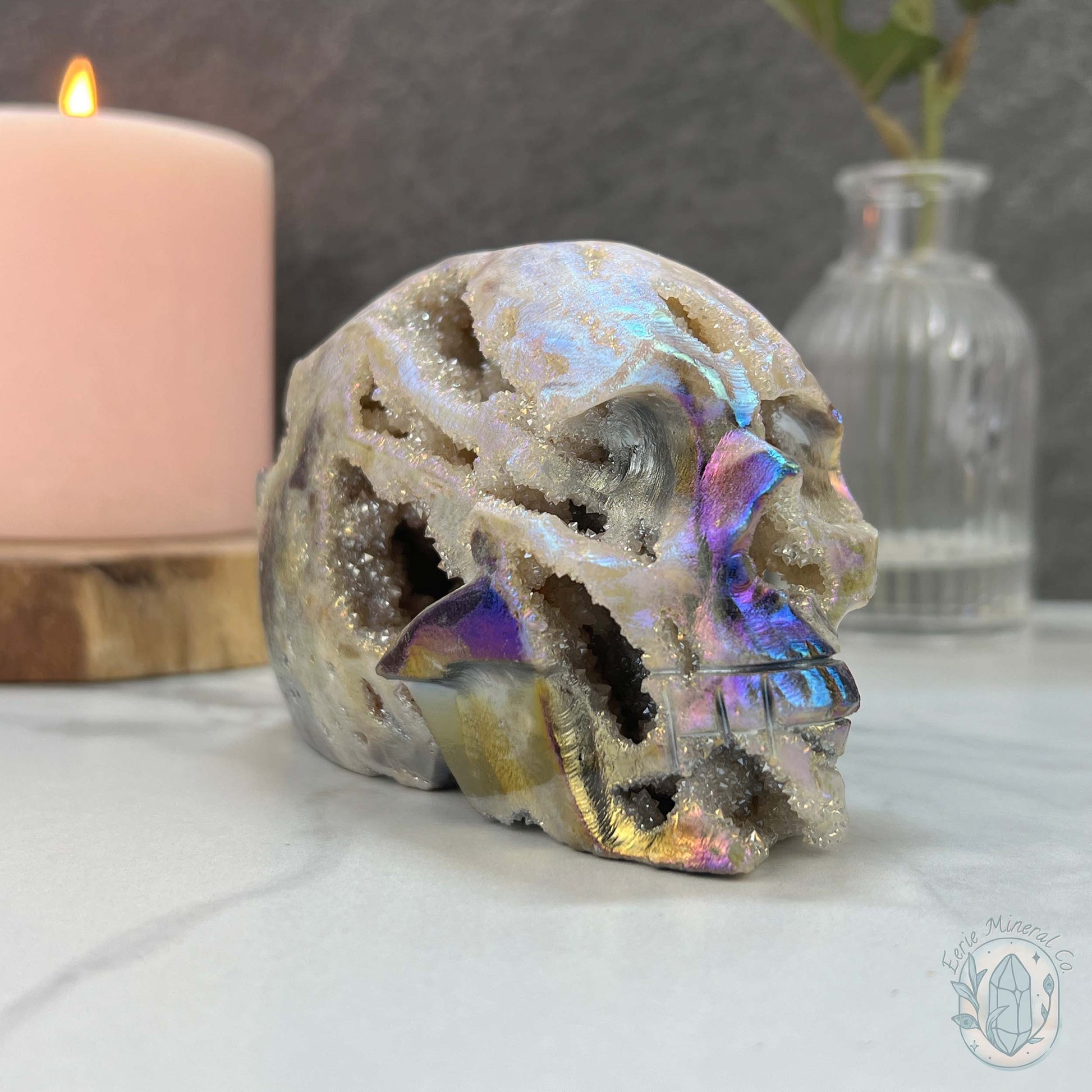 Angel Aura Sphalerite with Druzy Quartz Skull Carving