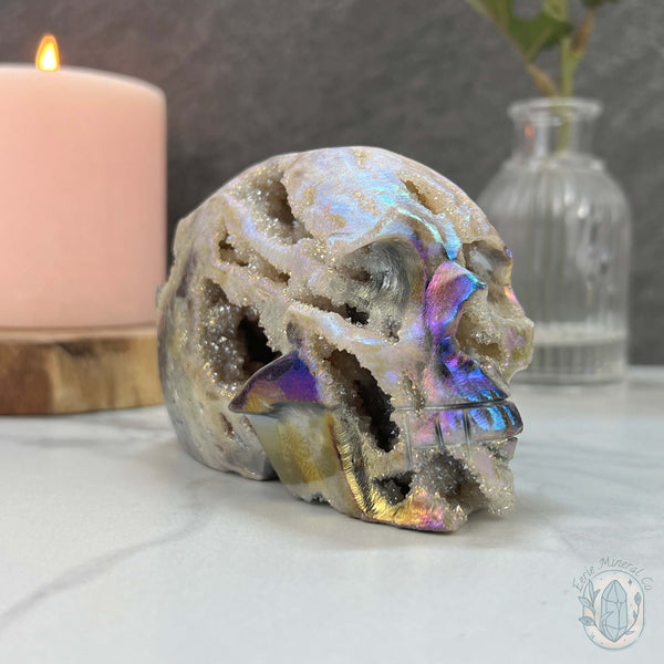 Angel Aura Sphalerite with Druzy Quartz Skull Carving