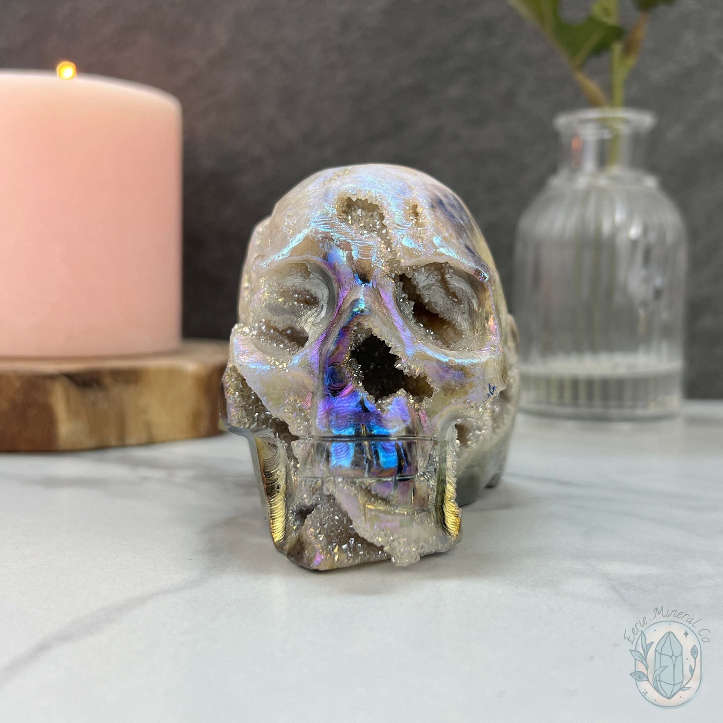 Angel Aura Sphalerite with Druzy Quartz Skull Carving