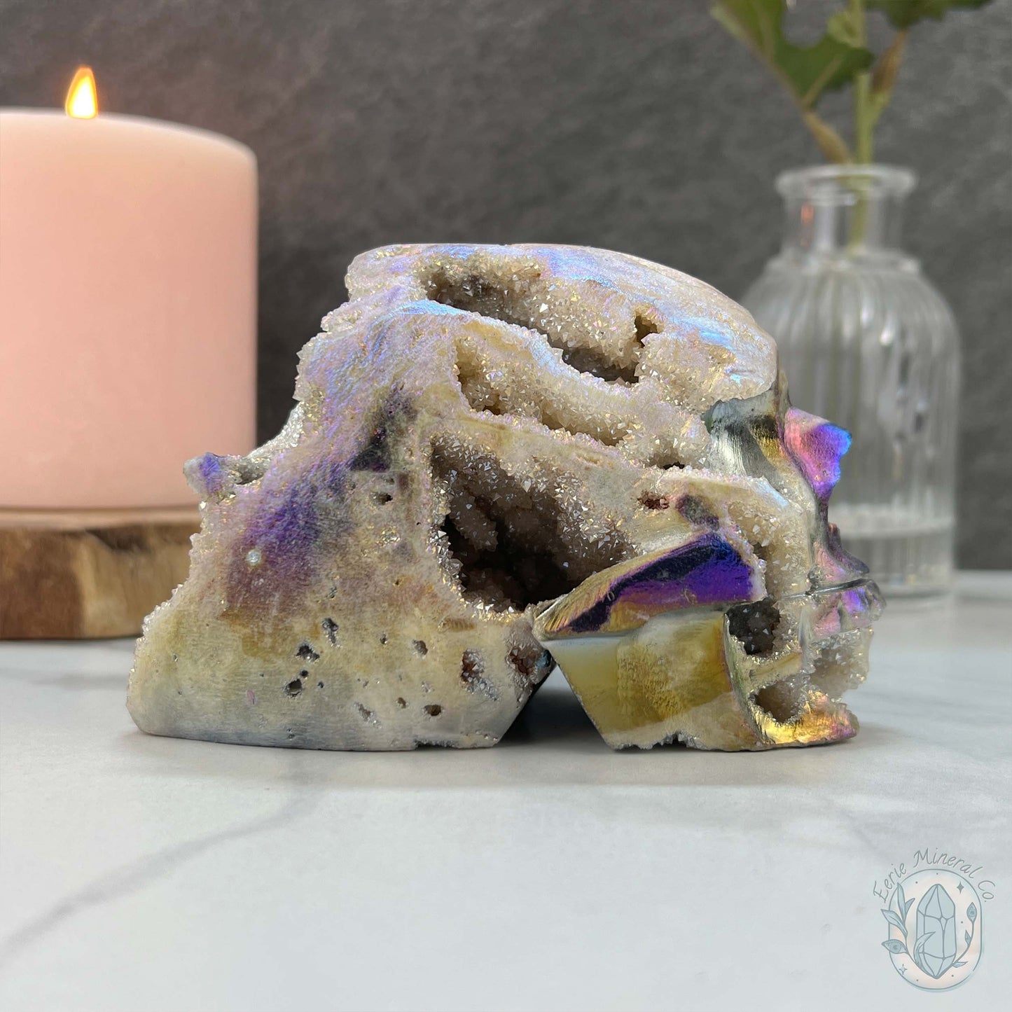 Angel Aura Sphalerite with Druzy Quartz Skull Carving