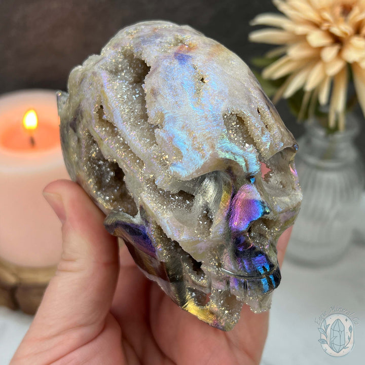 Angel Aura Sphalerite with Druzy Quartz Skull Carving