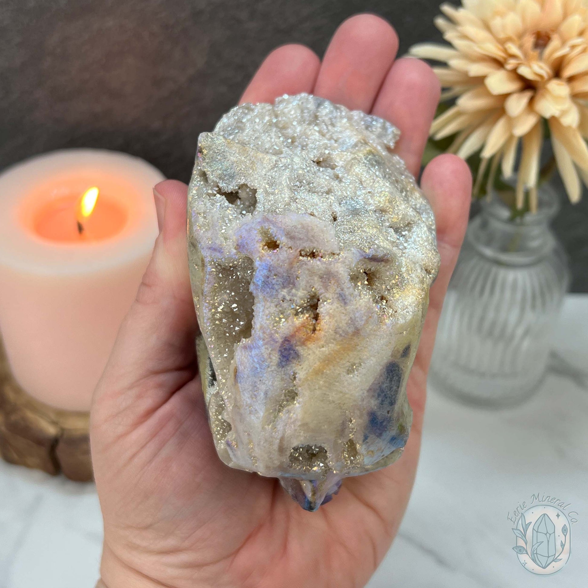 Angel Aura Sphalerite with Druzy Quartz Skull Carving