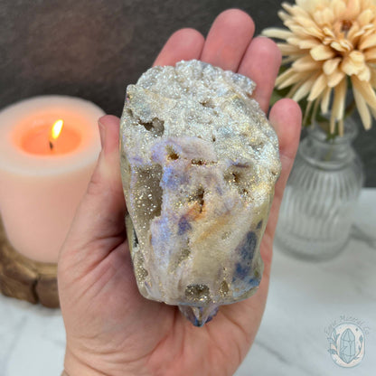 Angel Aura Sphalerite with Druzy Quartz Skull Carving