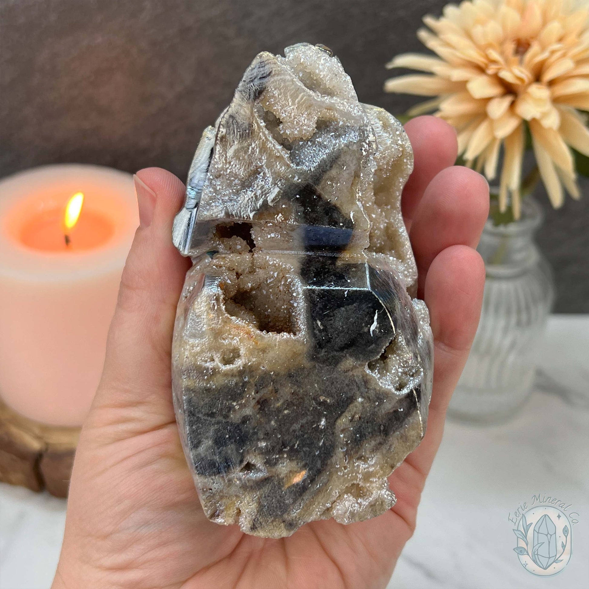 Angel Aura Sphalerite with Druzy Quartz Skull Carving