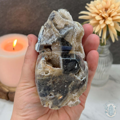 Angel Aura Sphalerite with Druzy Quartz Skull Carving
