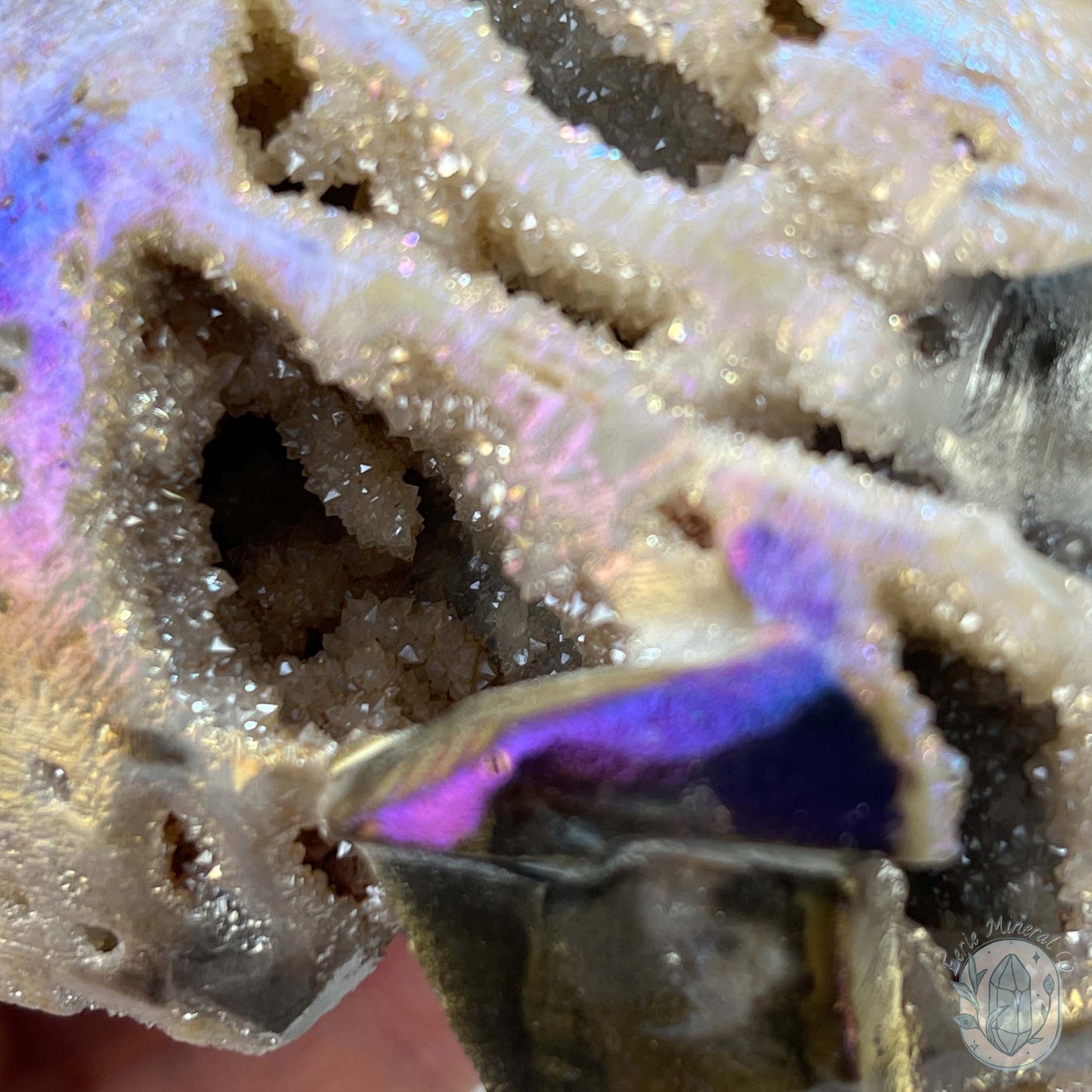 Angel Aura Sphalerite with Druzy Quartz Skull Carving