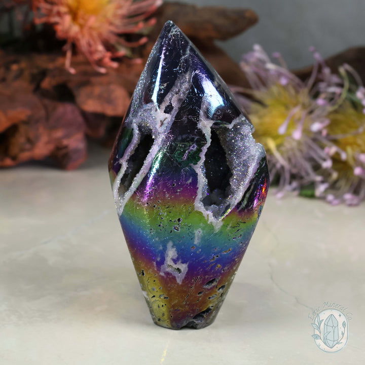 Rainbow Aura Sphalerite with Druzy Quartz Freeform