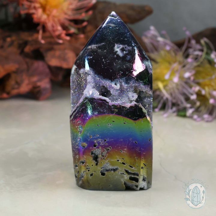 Rainbow Aura Sphalerite with Druzy Quartz Freeform