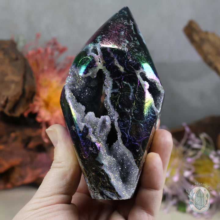 Rainbow Aura Sphalerite with Druzy Quartz Freeform