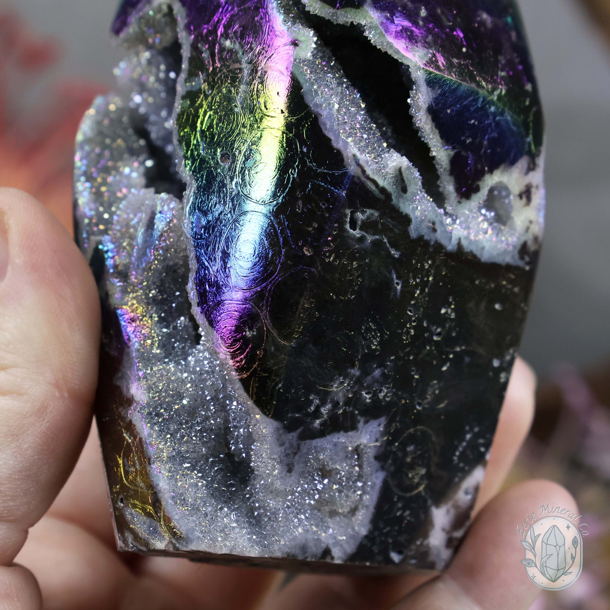Rainbow Aura Sphalerite with Druzy Quartz Freeform