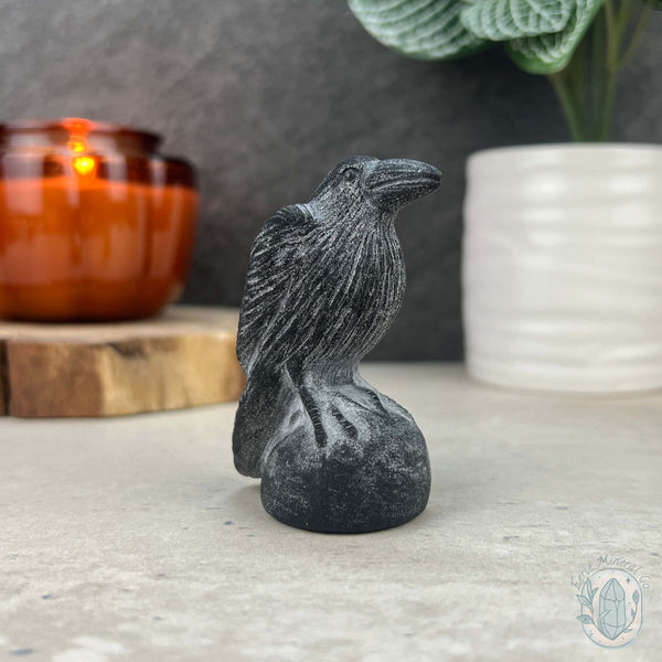 Black Obsidian Perched Raven Matte Finish Carvings