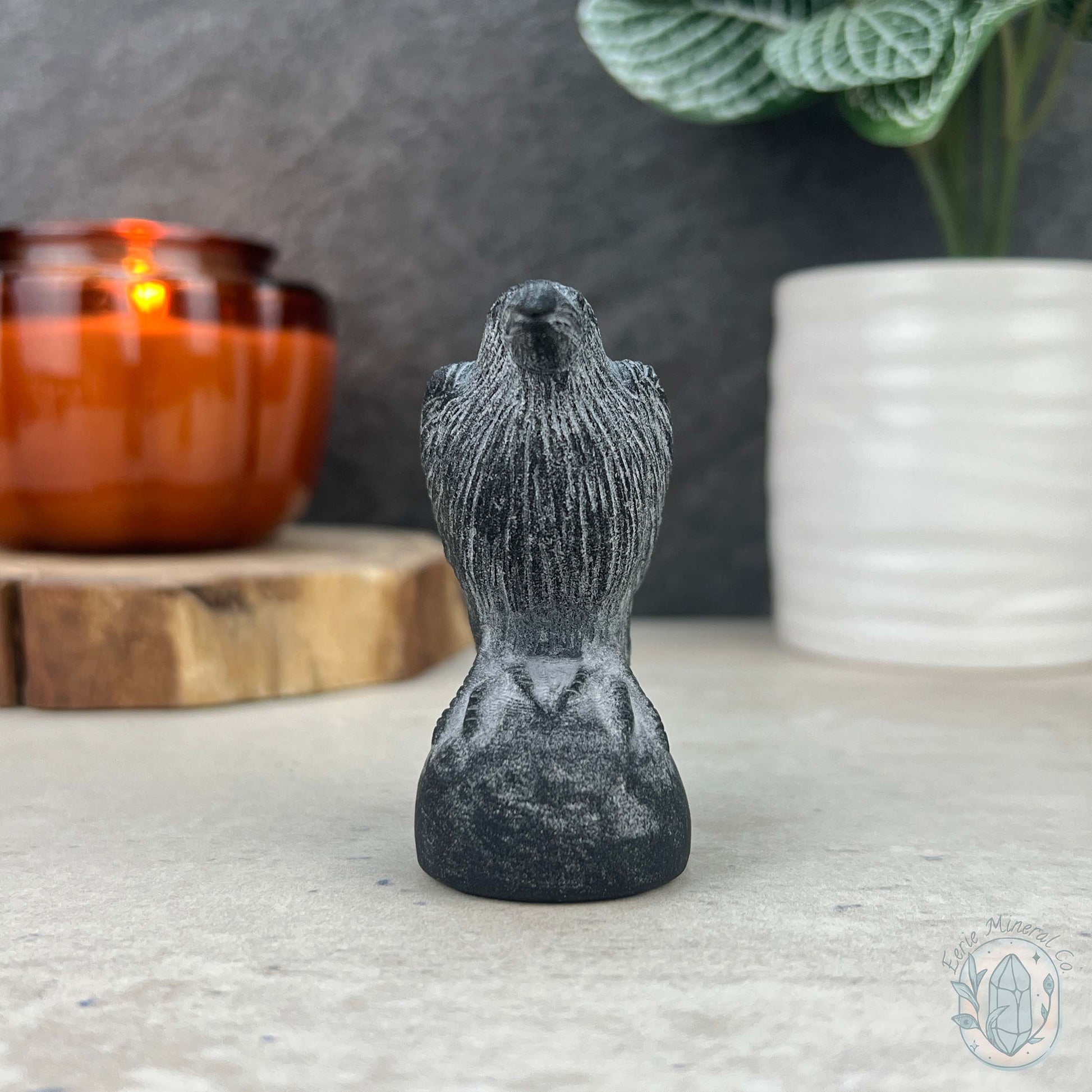 Black Obsidian Perched Raven Matte Finish Carvings