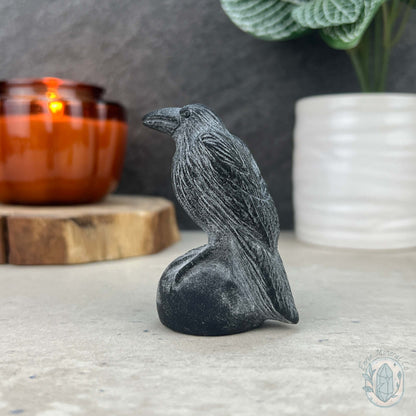 Black Obsidian Perched Raven Matte Finish Carvings