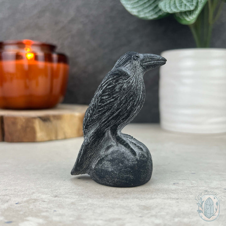 Black Obsidian Perched Raven Matte Finish Carvings