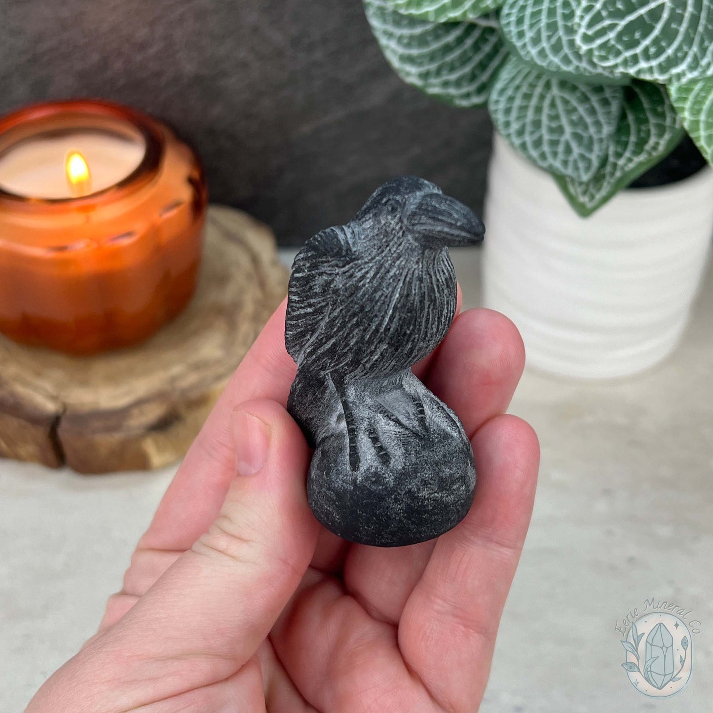 Black Obsidian Perched Raven Matte Finish Carvings