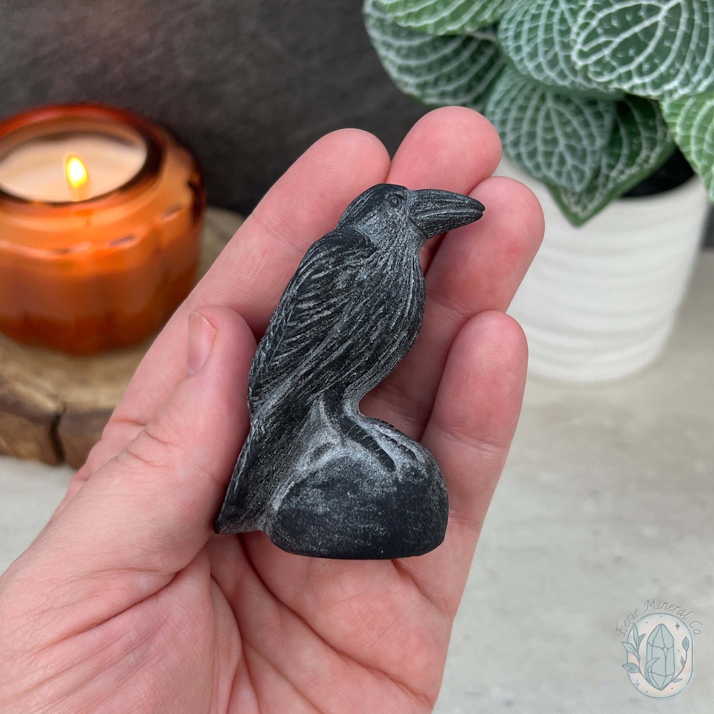 Black Obsidian Perched Raven Matte Finish Carvings