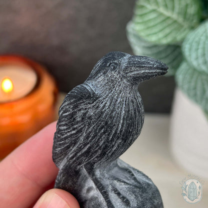 Black Obsidian Perched Raven Matte Finish Carvings