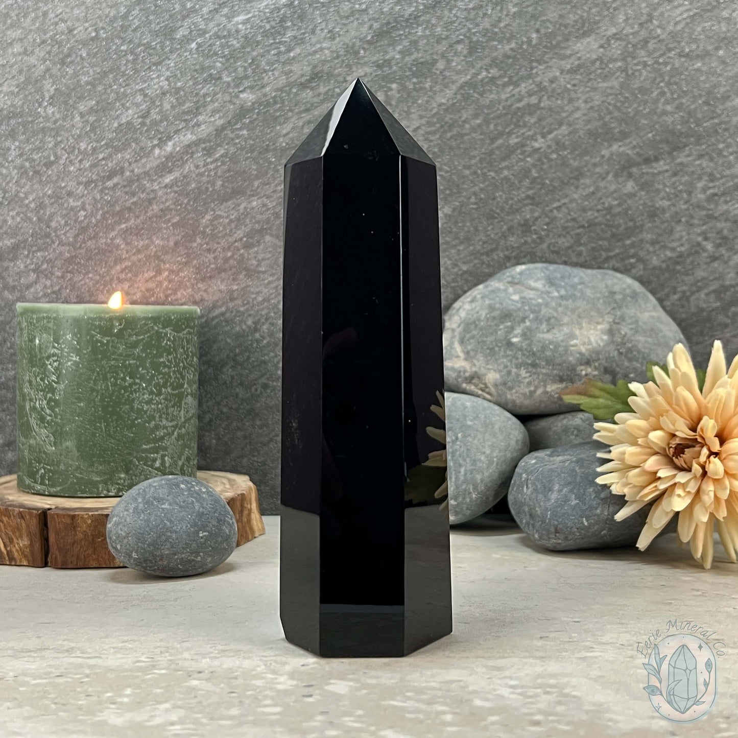 Polished Midnight Black Obsidian Tower