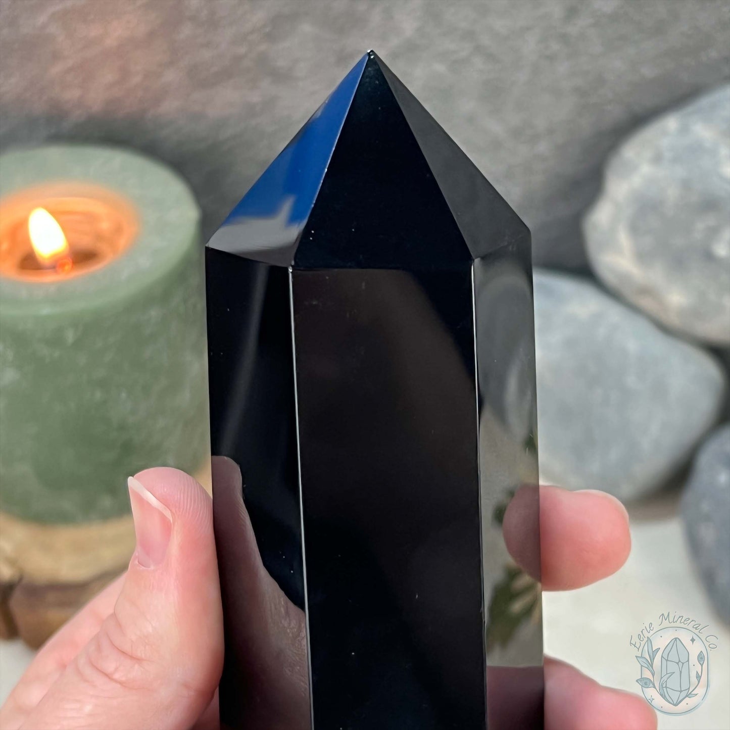 Polished Midnight Black Obsidian Tower
