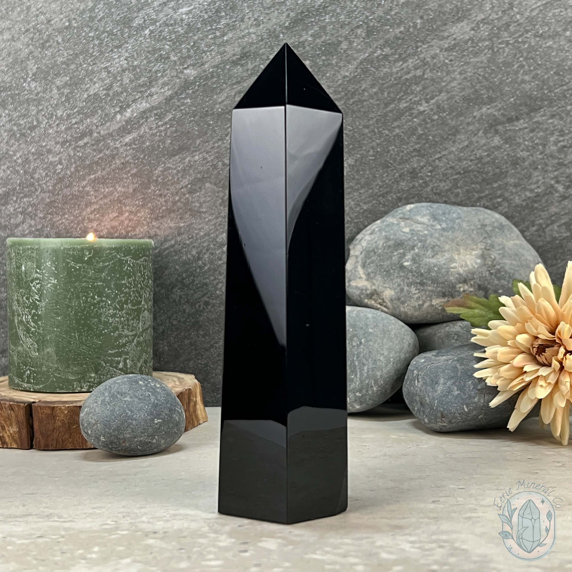 Polished Midnight Black Obsidian Tower