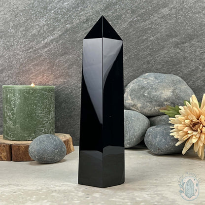 Polished Midnight Black Obsidian Tower
