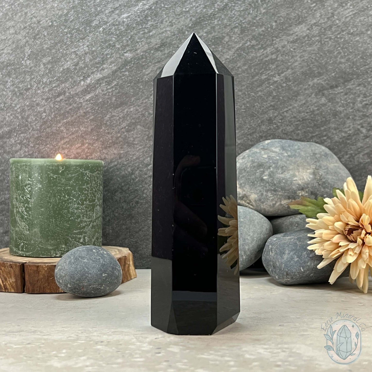 Polished Midnight Black Obsidian Tower