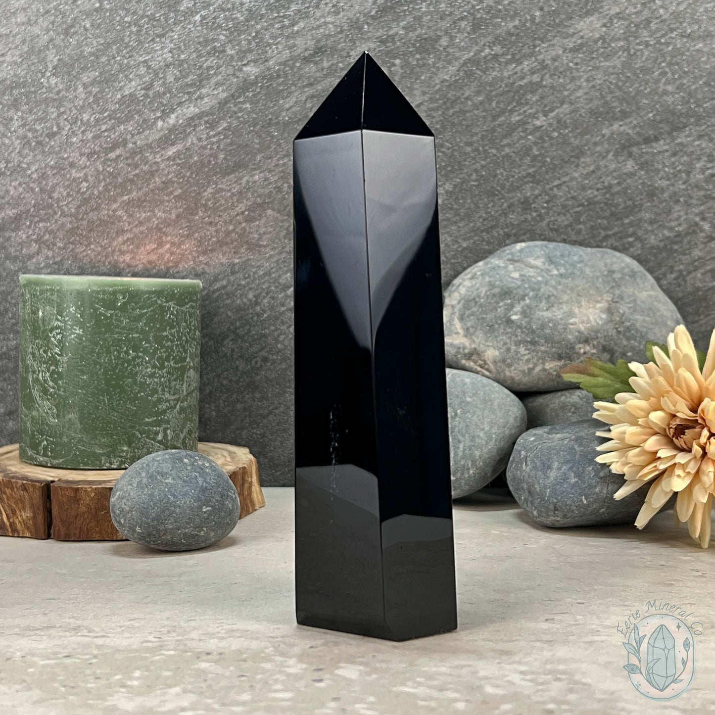 Polished Midnight Black Obsidian Tower