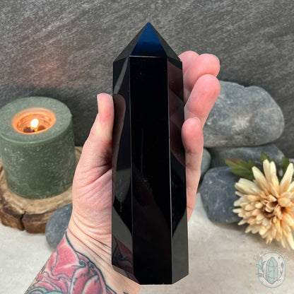 Polished Midnight Black Obsidian Tower