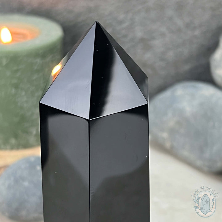 Polished Midnight Black Obsidian Tower