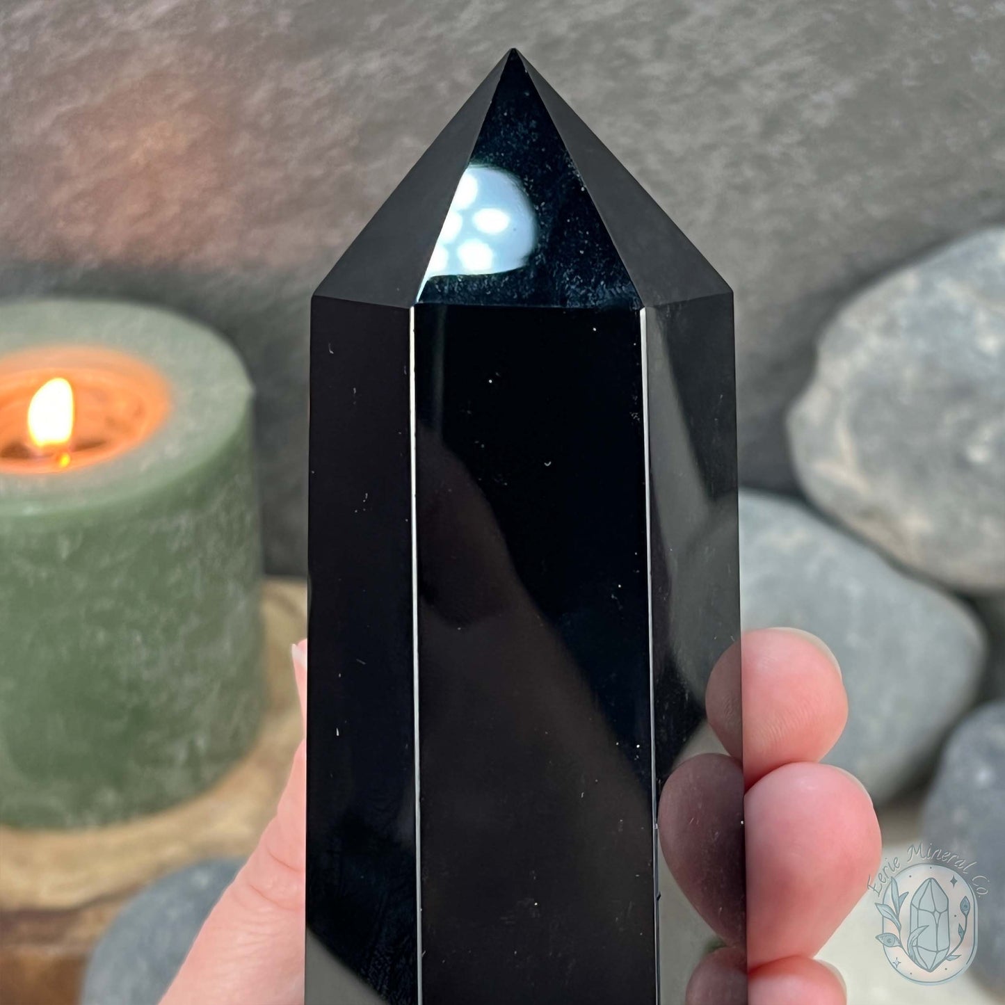 Polished Midnight Black Obsidian Tower