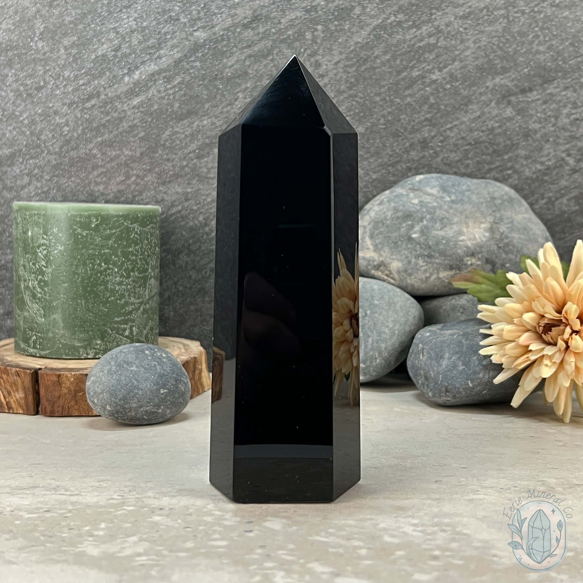 Polished Midnight Black Obsidian Tower