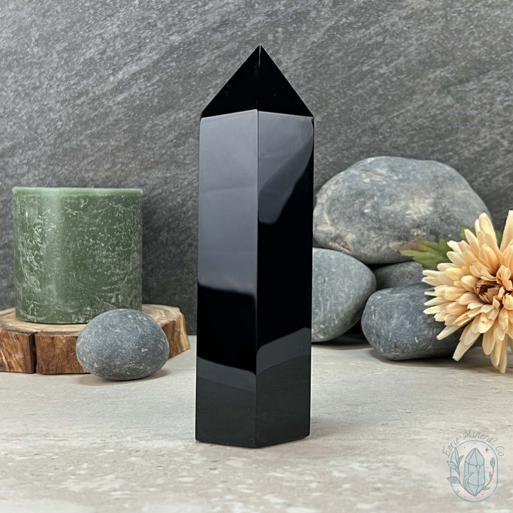 Polished Midnight Black Obsidian Tower