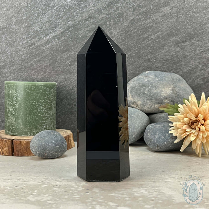 Polished Midnight Black Obsidian Tower