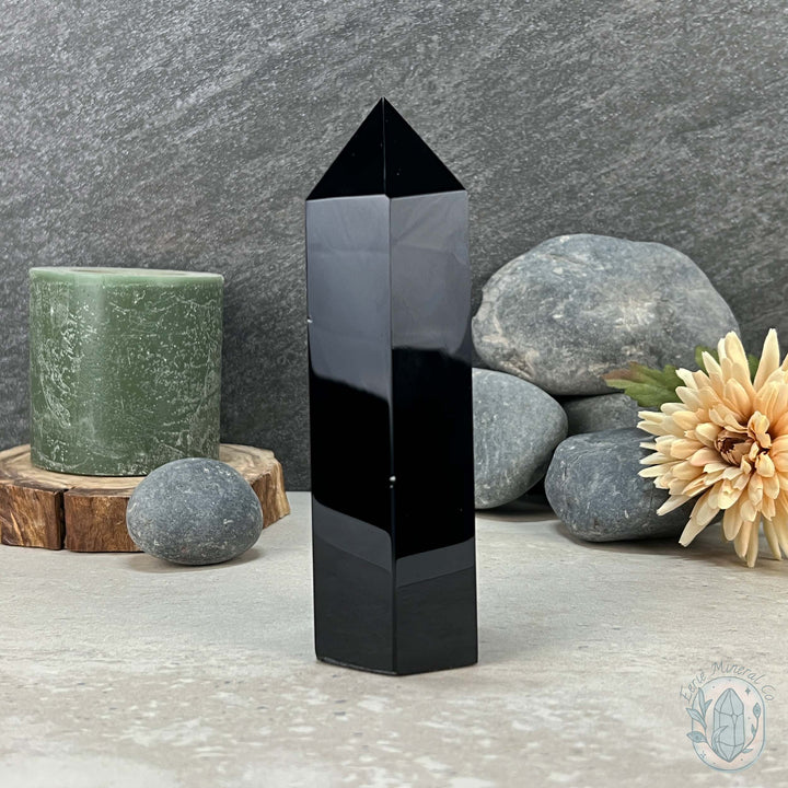 Polished Midnight Black Obsidian Tower