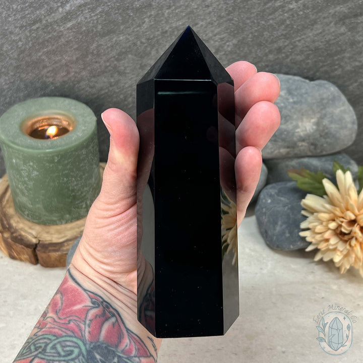 Polished Midnight Black Obsidian Tower