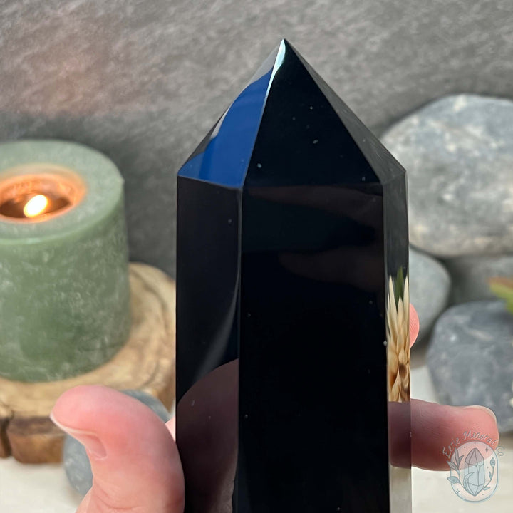 Polished Midnight Black Obsidian Tower