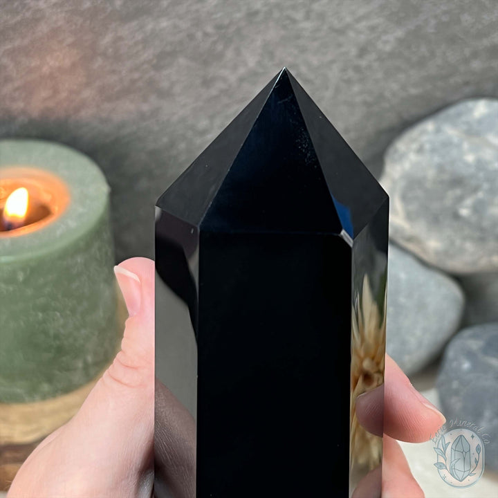 Polished Midnight Black Obsidian Tower